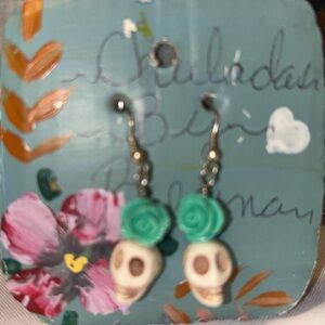 Skull Earrings with Green Rose Accents